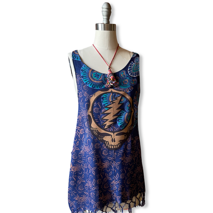 One Size fits up to Large Flowy Tapestry Brown on Blue Grateful Dead Tank Top