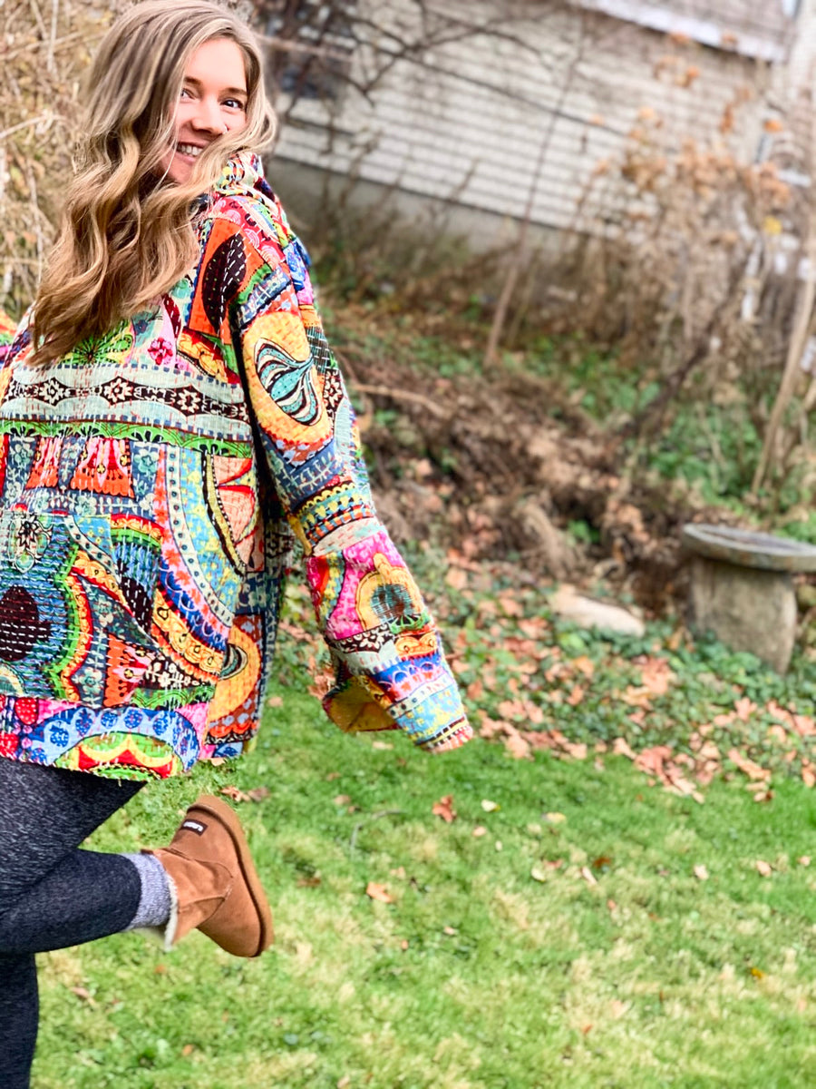 Size 1X-2X Rainbow Dreamer Kantha Fabric Pullover Hoodie Made To Order